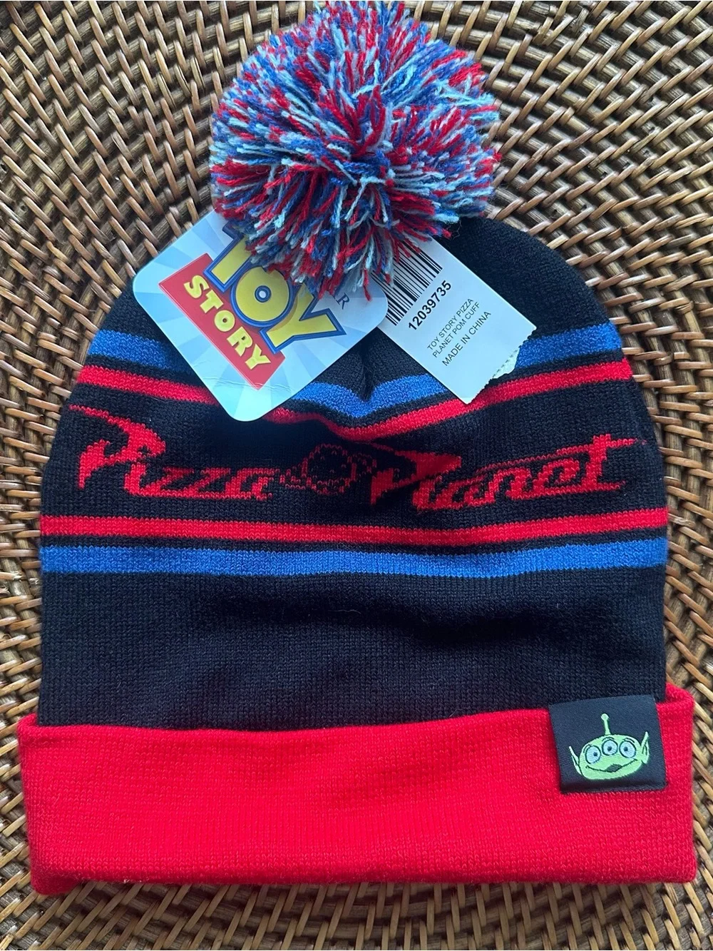 Disney Toy Story Pizza Planet Pom Beanie Black & Red Hat New with Tags